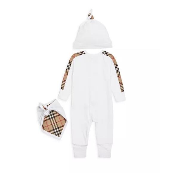 Burberry Claude Mini Check Panel Romper,Hat & Bib Set White 9M 80484071 NWT $300 - Picture 1 of 16